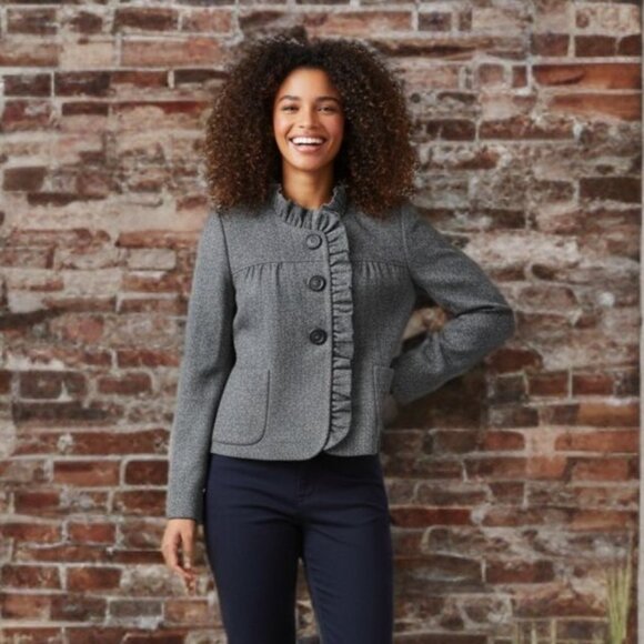 J.Crew Vintage Tweed Ruffle Wool Blazer Button Up Jacket Herringbone Lined 8 - Picture 1 of 12